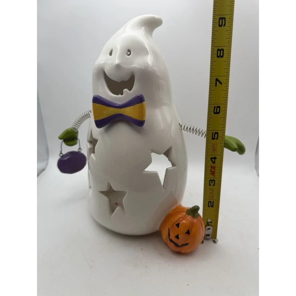 Halloween Ceramic Ghost Candle Holder Pumpkin Bow Tie BOO Sign Spring Arms